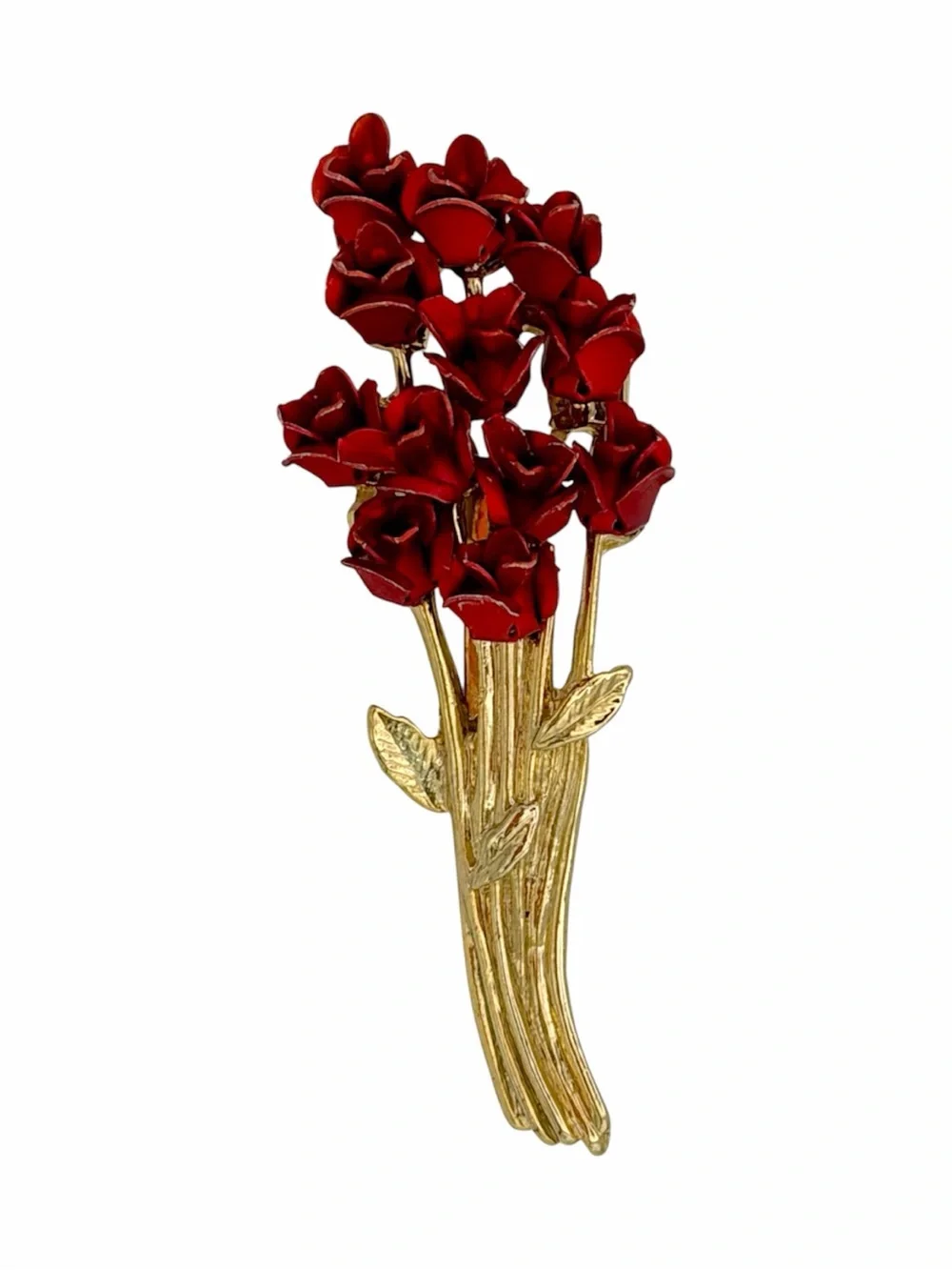 Vintage Gold-Tone Rose Bouquet Brooch Pin with Red Enamel Flowers Signed DM 97